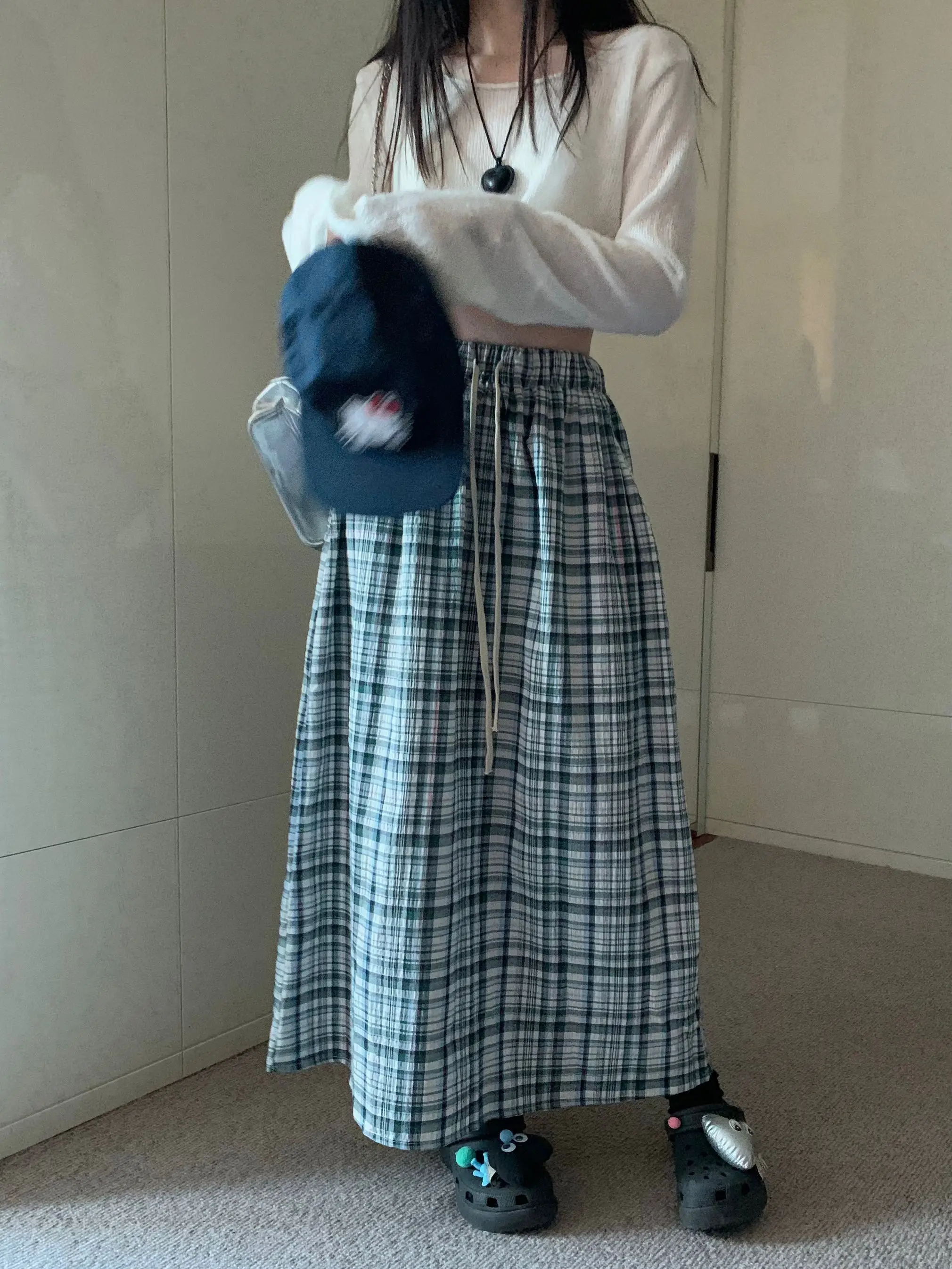 

Casual High Waist Plaid Midi Skirt Women's Summer Loose Straight A-Line Skirt Comfortable Elastic Waist Dstring Skirt