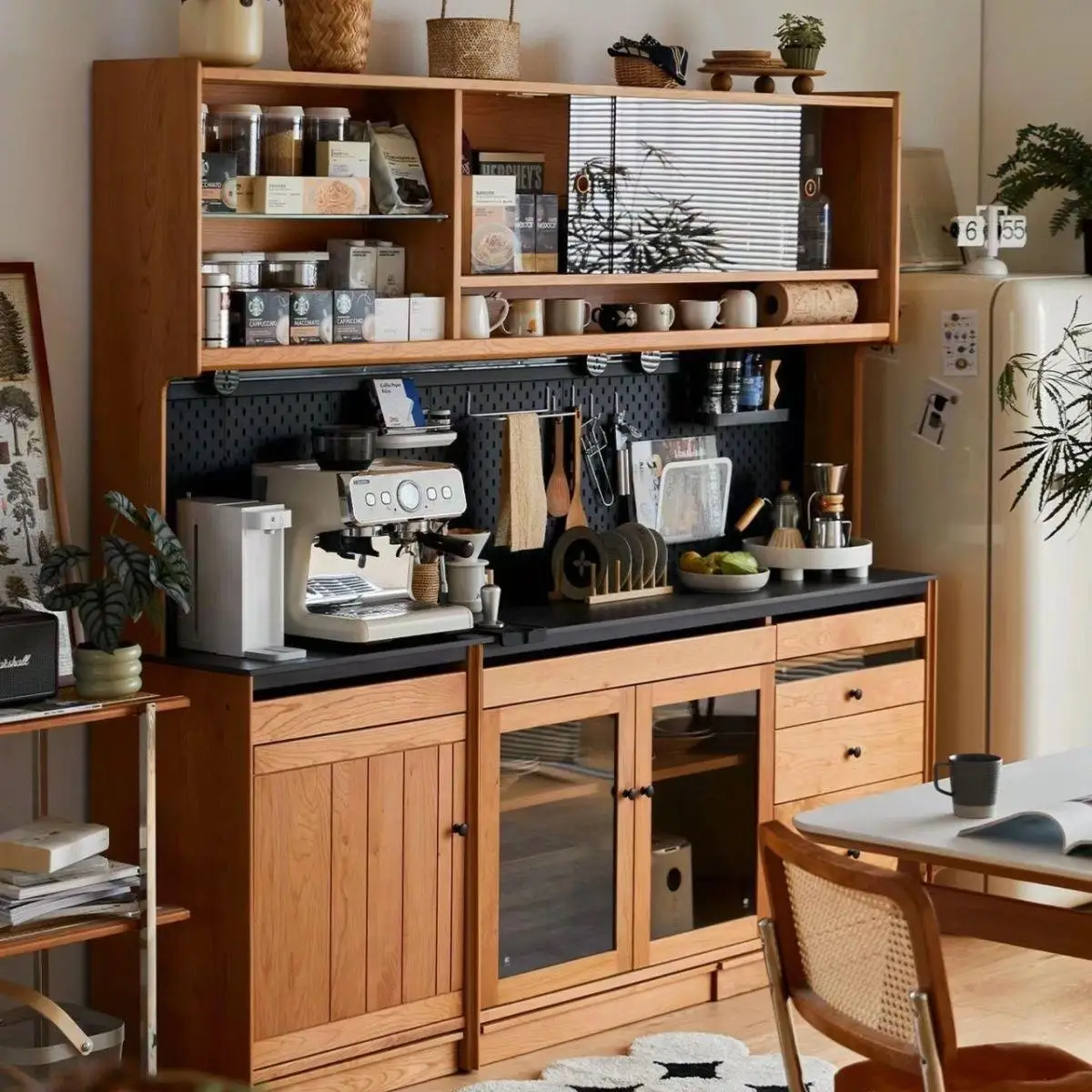 Wooden dining side cabinet Japanese-style cherry wood integrated storage locker against the wall hole board