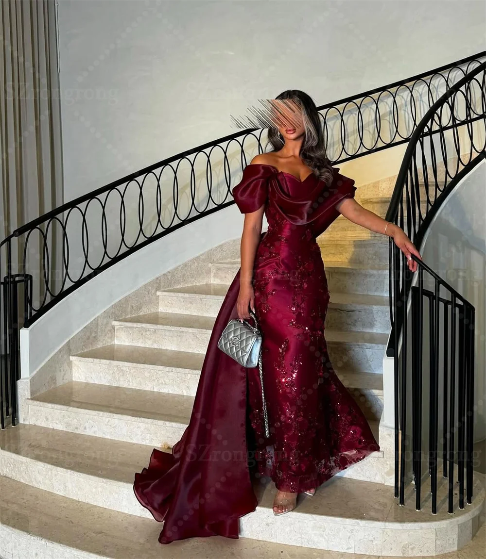 Feito sob encomenda glitter fora do ombro 3d floral renda bainha noite gwon plissado sem costas nupcial longo vestido de festa de baile com trem