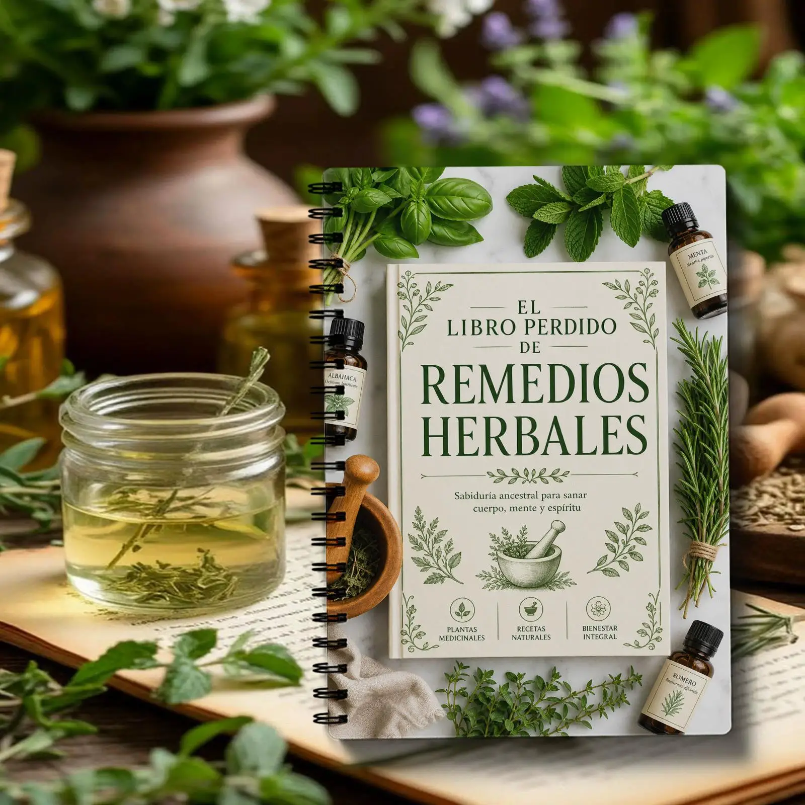 El Libro Perdido de Remedios Herbales, Cuaderno Espiral con Estampado Botánico de Hierbas, Diario para Recetas Herbales y Notas de Bienestar