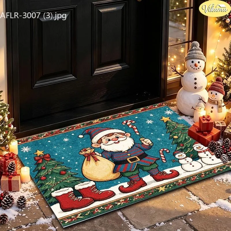 VIKAMA Christmas Doormat, Cartoon Gnome Elf with Gift Sack Candy Cane, Trees Snowmen, Teal, Festive Printed, Front Door