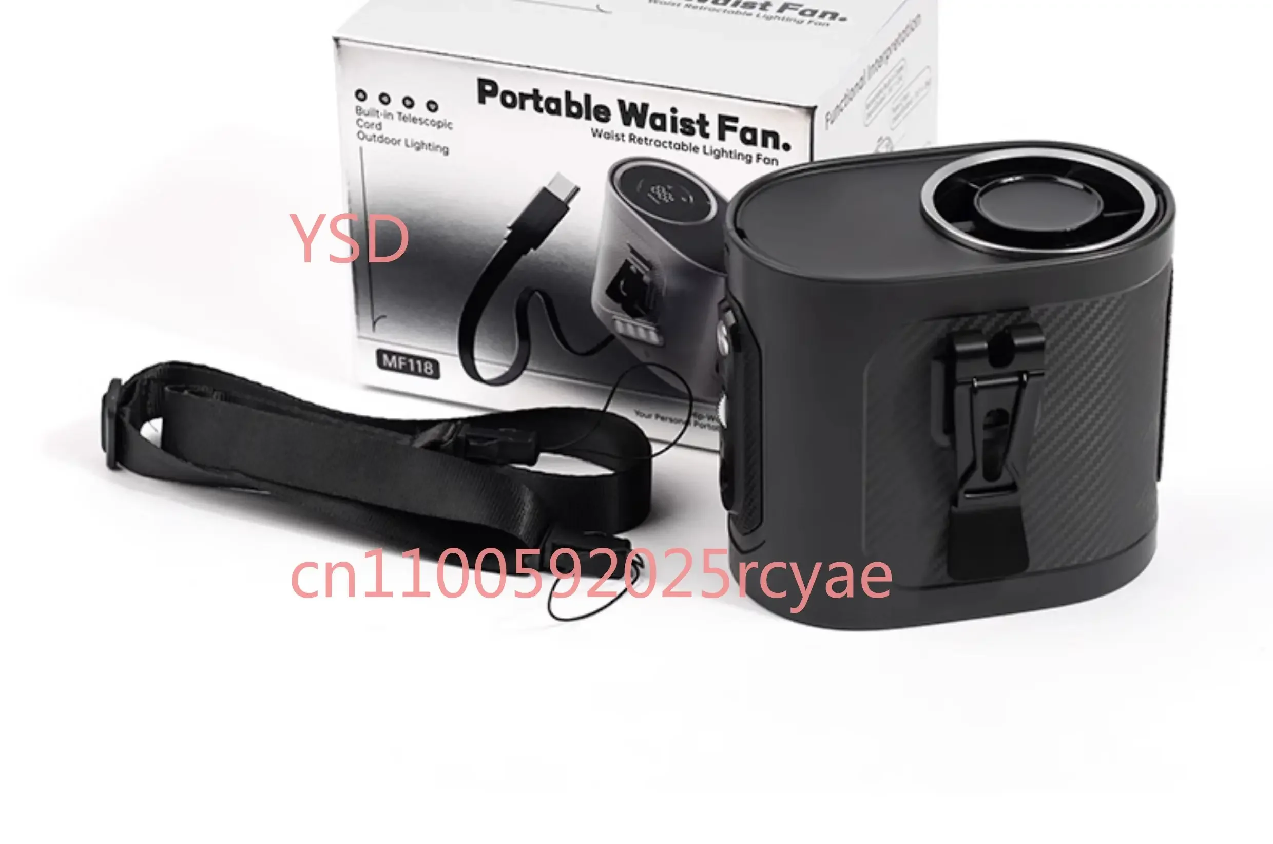 Portable hanging waist fan, Small but powerful, with retractable charging cable.
