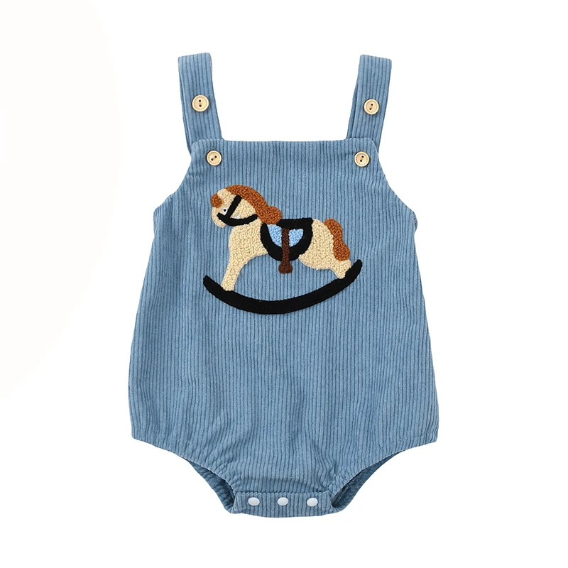 Baby Girls Boys Ovrealls Rompers Fall Clothes Rocking Horse Embroidered Sleeveless Corduroy Infant Bodysuits
