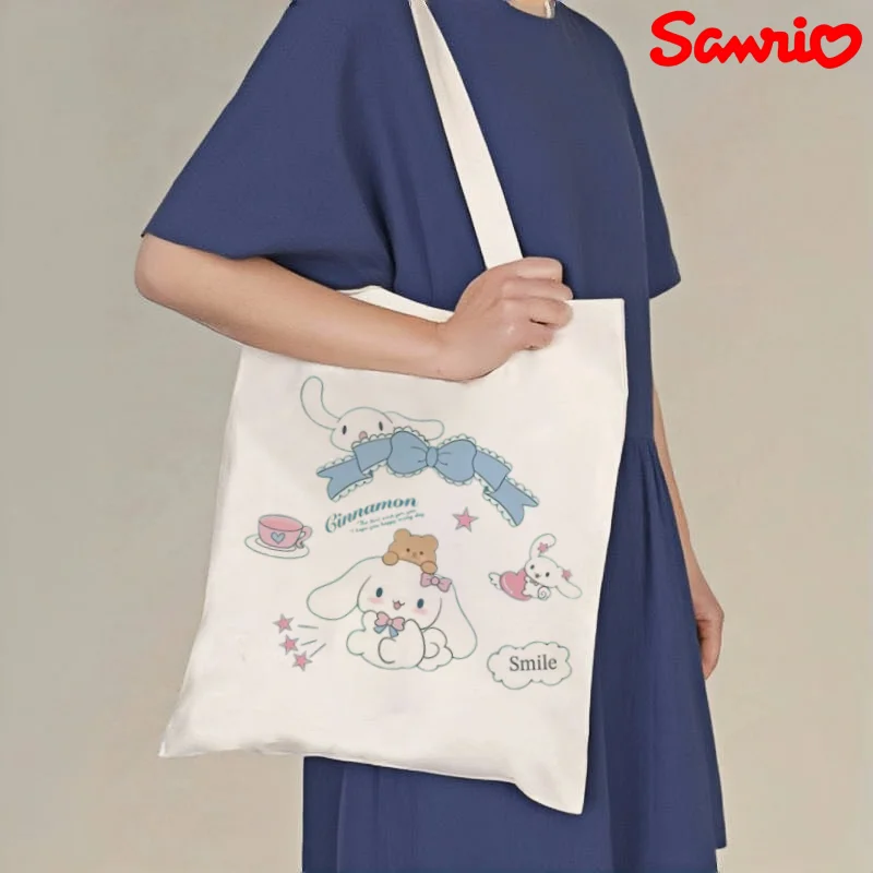 

1pc Sanrio Cinnamoroll Canvas Tote Bag, Cute Bow Print Casual Shoulder Bag, Eco-friendly Reusable Handbag