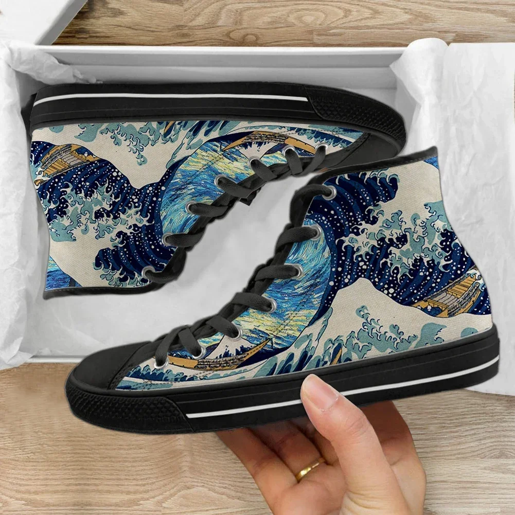 Japanese Ocean Waves Painting Vulcanized Shoes Women Canvas High Top Flat Shoes Casual Lace Up Sneakers For Ladies