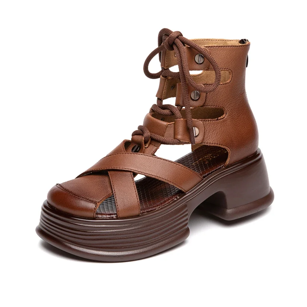 Brown Hollow Closed Toe Platform Mid-calf Sandals Woman Summer Roman Rear Zipper Thick-Sole Summer Mesh Fashion Motorcycle Boots