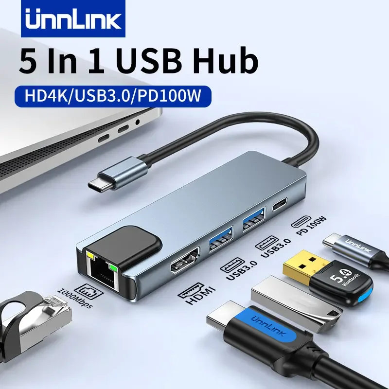 

Unnlink 5 In 1 USB C Hub 4K HDMI USB HUB 100W Multiport Adapter for Macbook iPad M2 M1 Steam Deck