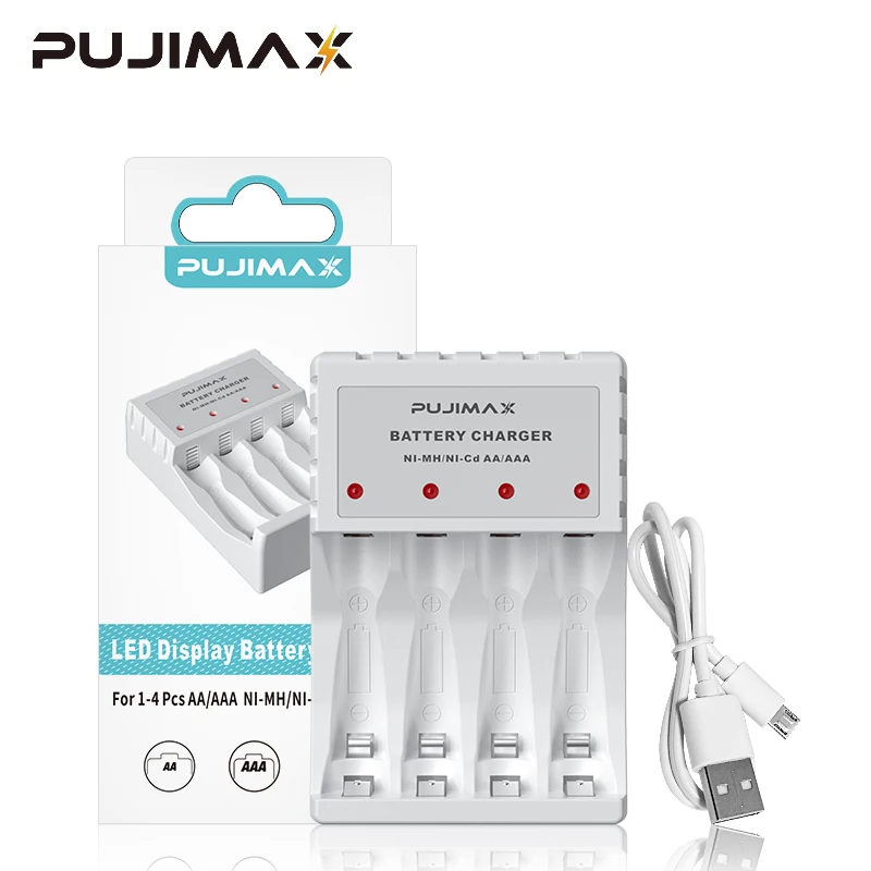 PUJIMAX 4 gniazda inteligentna ładowarka do akumulatora z kablem USB kabel do szybkiego ładowania 1.2V do akumulatorów AA/AAA Ni-mh Ni-Cd