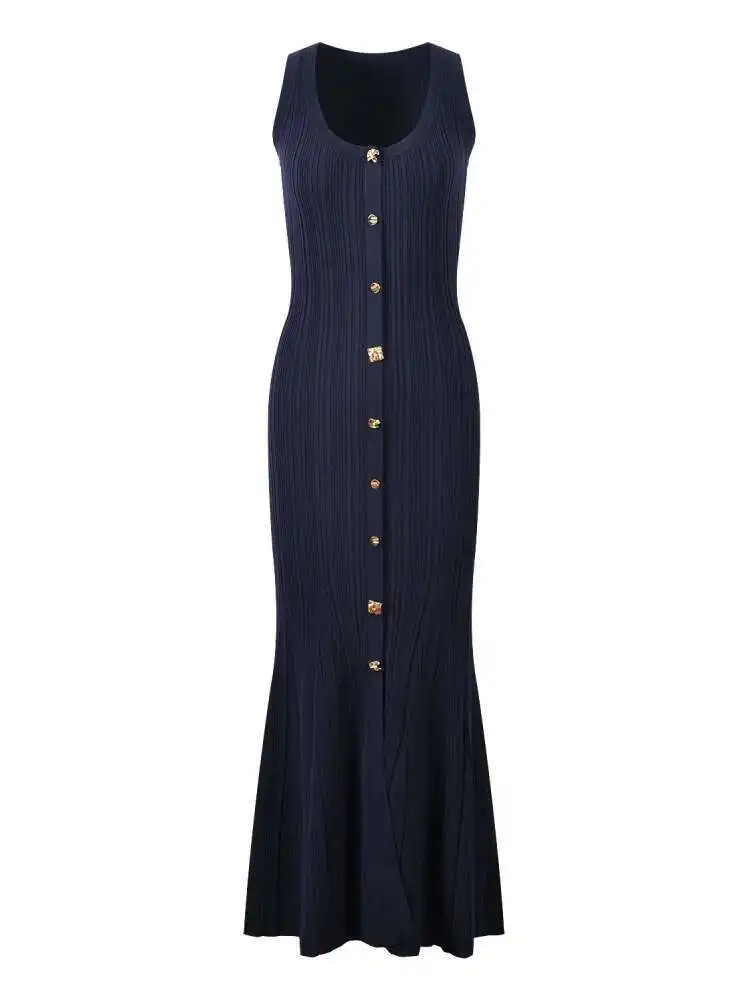 

High Quality 2025 New Fashion Casual Sleeveless Long Dresses Women European American Knitted Runway Summer Dress Vestidos Largos