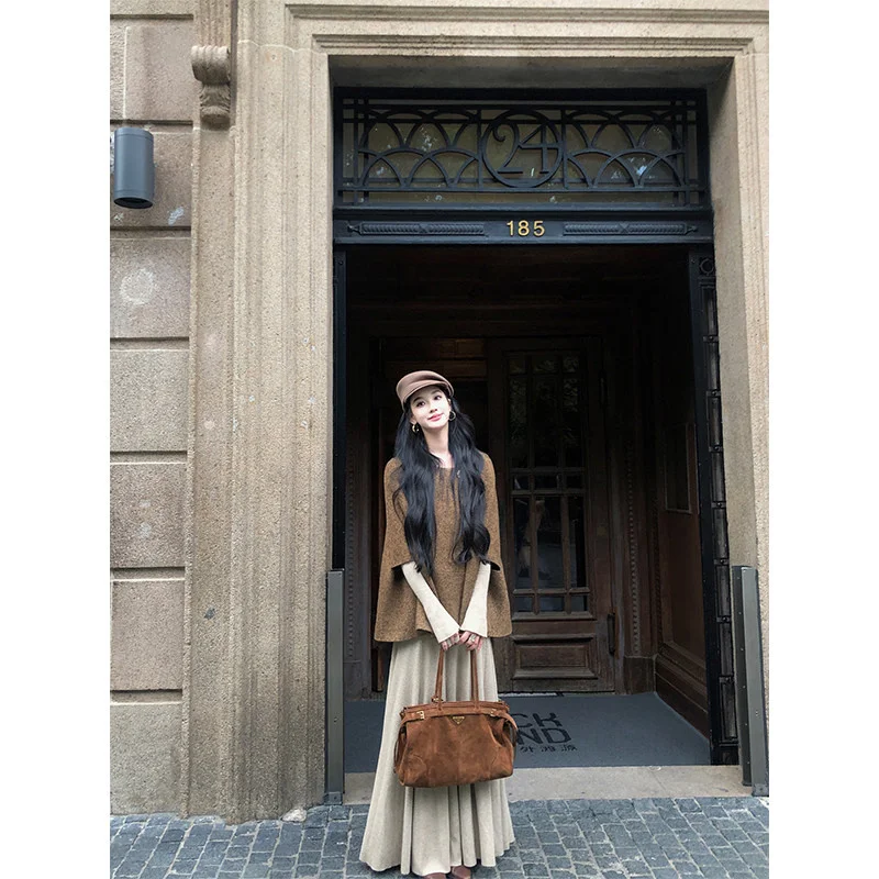 Ladies Vintage Heather Cape Coat Single Button Round Neck Poncho Outerwear Autumn Elegant Short Cloak Jacket Women