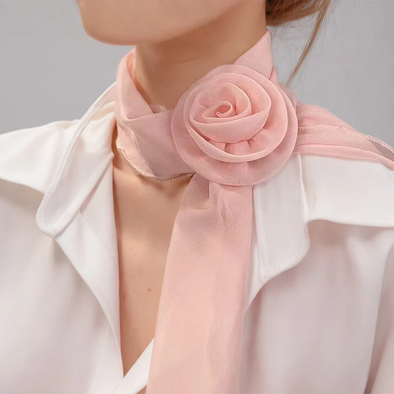 Rose Flower Silk Scarf Women Soft Chiffon Kerchief Neckerchief Head Hijab Ladies Long Ribbon Tie Scarf Handkerchief Headband New