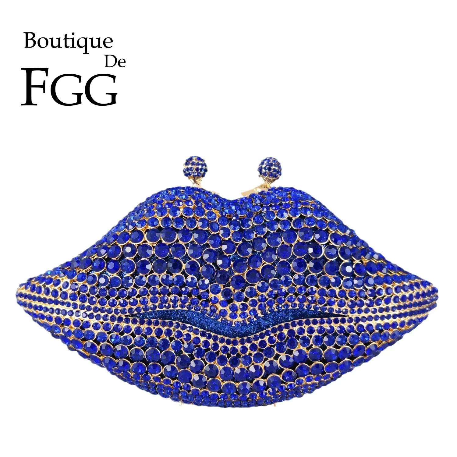 Boutique De FGG Lip Shape Royal Blue Women Crystal Clutch Evening Bags Party Dinner Minaudere Purses Wedding Bridal Handbags