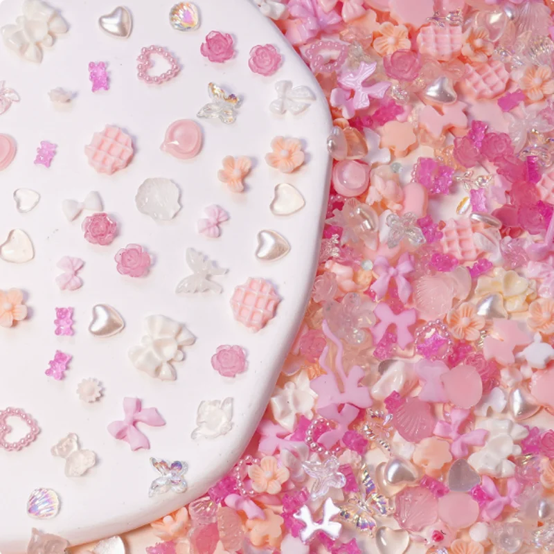 100Pcs Resin Nail Art Charms Material Package 3D Pink Blue Love Bow Flower Moon Mixed Nail DIY Nail Decoration