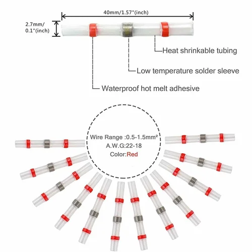 Imagen 2 del producto 100/500/1000 Uds. Terminales de empalme de manga de sellado de soldadura a prueba de agua conectores a tope de cable eléctrico termorretráctil de cobre AWG22-18 rojo