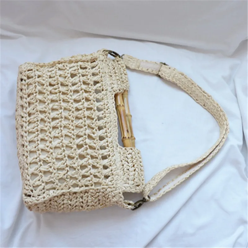 Vintage Bamboo Handle Straw Handbags Casual Paper Woven Women Shoulder Crossbody Bags Handmade Summer Beach Bag Small Tote Purse