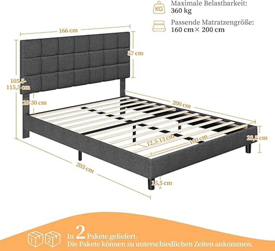 Yaheetech Upholstery bed 160x200 cm Double Bed with Height Adjustable Headboard, Stable bed frame fabric bed with slatted frame, Gep