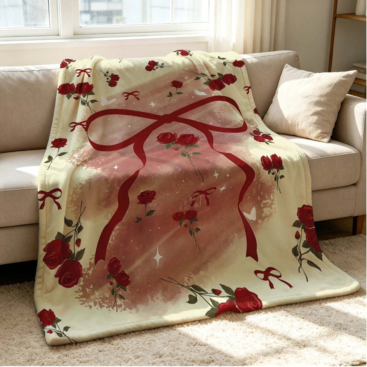 Rose Ribbon Flannel Blanket Warm Soft Halloween Christmas Couch Warm Cozy Decorative Decor Gift for All Season