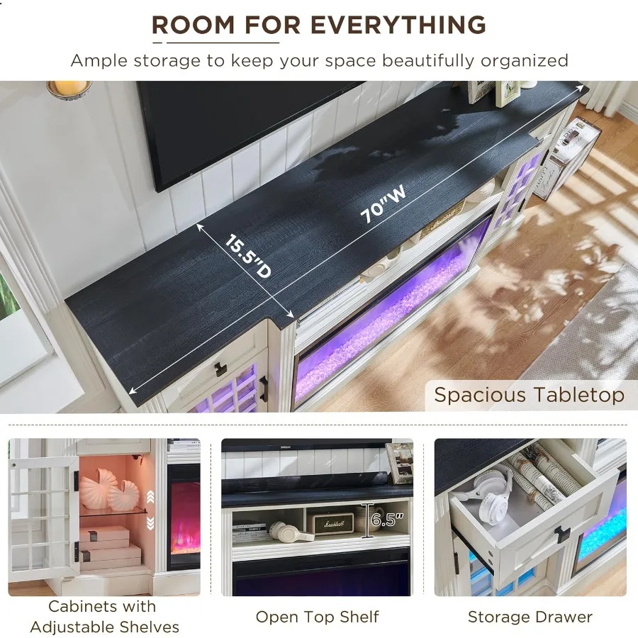 Meja TV Bergaya Rumah Pertanian Modern yang Dirancang untuk TV 80 Inci dengan Perapian Listrik 36 Inci Terintegrasi dan Lampu LED Ambient