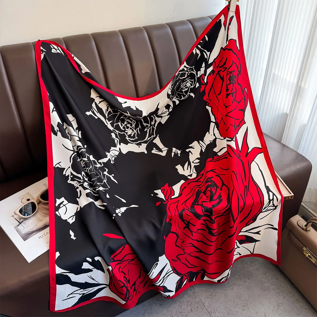 90*90cm Rose Print Neckerchief Hijab Scarf For Women Silk Satin Headband Hair Scarves Female Square Shawls Ladies Head Bandana