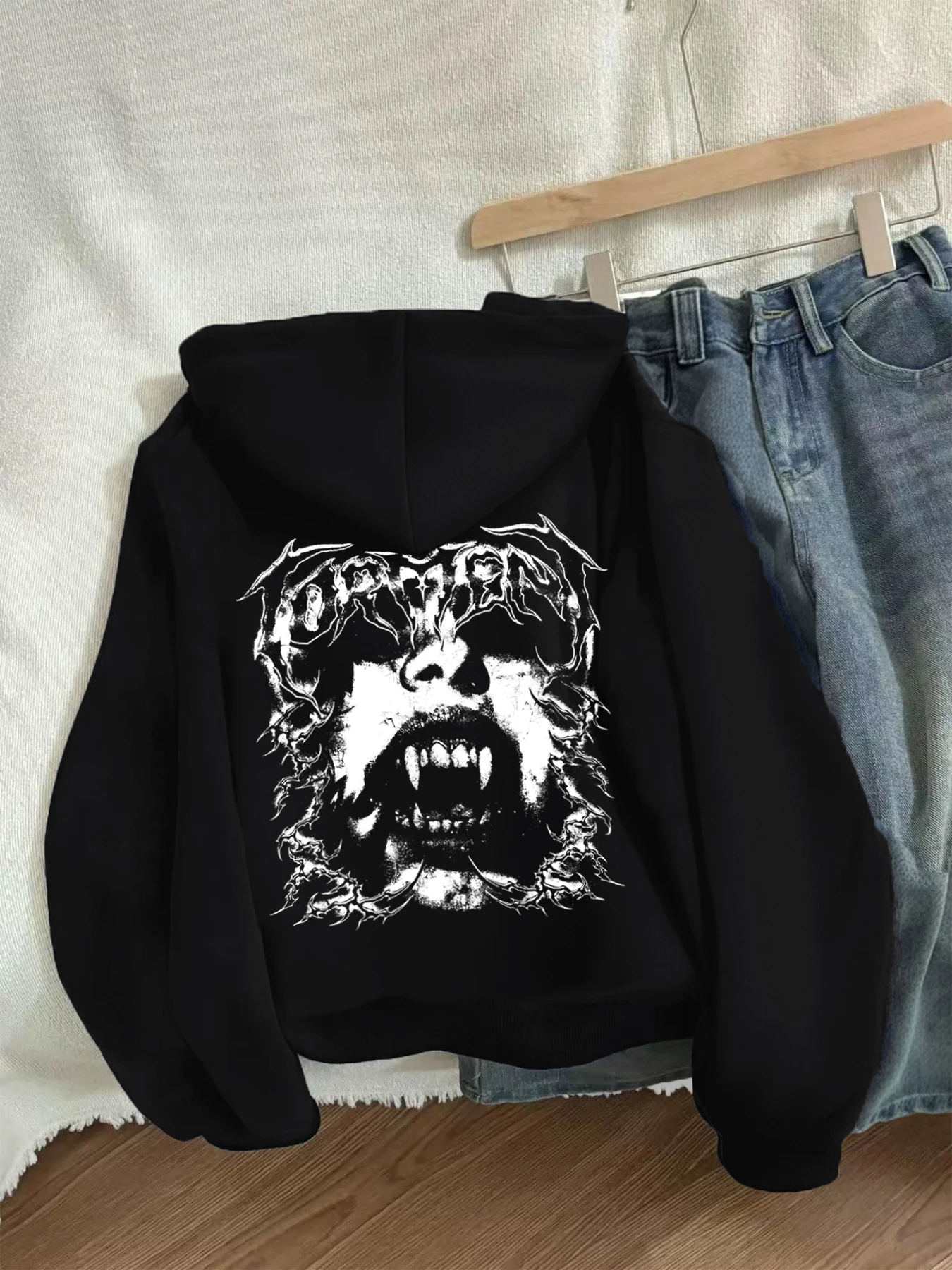 

Зимняя куртка Y2k с готическим принтом, толстая тяжелая бархатная черная куртка на молнии с капюшоном, тонкая темпераментная женская куртка в повседневном стиле для ленивых поездок на работу