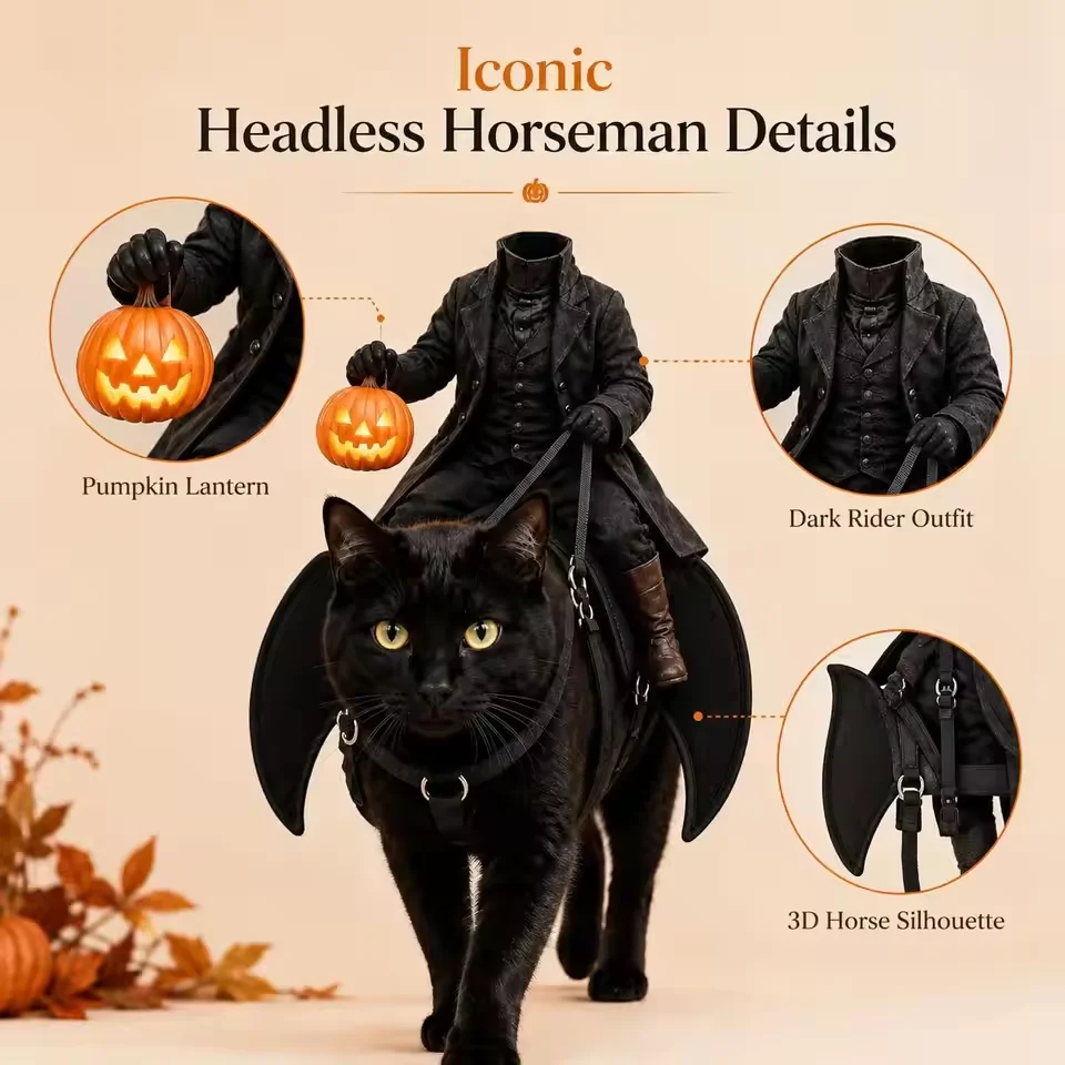 Cat wearing a headless horseman rider costume harness