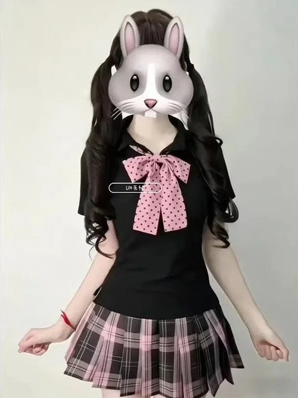 

Black Polka Dot JK Uniform Set School Style Short Sleeve Shirt And Pleated Skirt Soft Girl Three Piece Suit for Teens