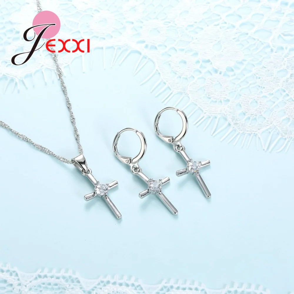 925 Sterling Silver Jewelry Set With Cross Shape White Crystal Pendant Necklace Hoop Earring Sets For Women Wedding Party