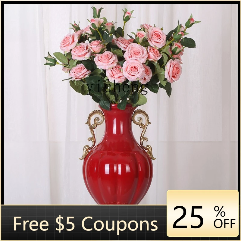 H26 ceramic with copper binaural vase model room living room dining table decorative flower arrangement high-end pendulum