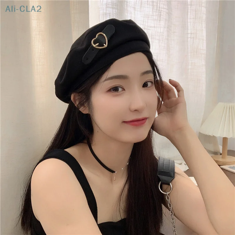 New Metal Love Heart Buckle Black Berets Autumn Winter Warm Hip Hop Hats Vintage Elegant Women Girls Decorative Cap image 3