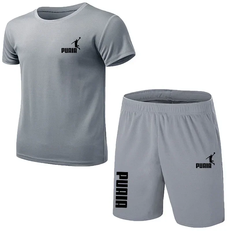 Summer new men\'s casual comfort breathable quick drying mesh T-shirt top + shorts 2 sets jogging fitness training sportwear set