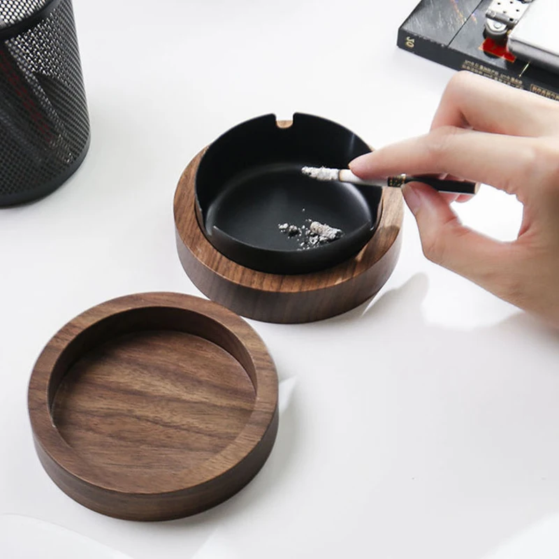 Ceniceros creativos con revestimiento de acero inoxidable, ceniceros de madera de nogal para interiores con tapa, Cenicero para cenizas con mosca, Cenicero para sala de estar