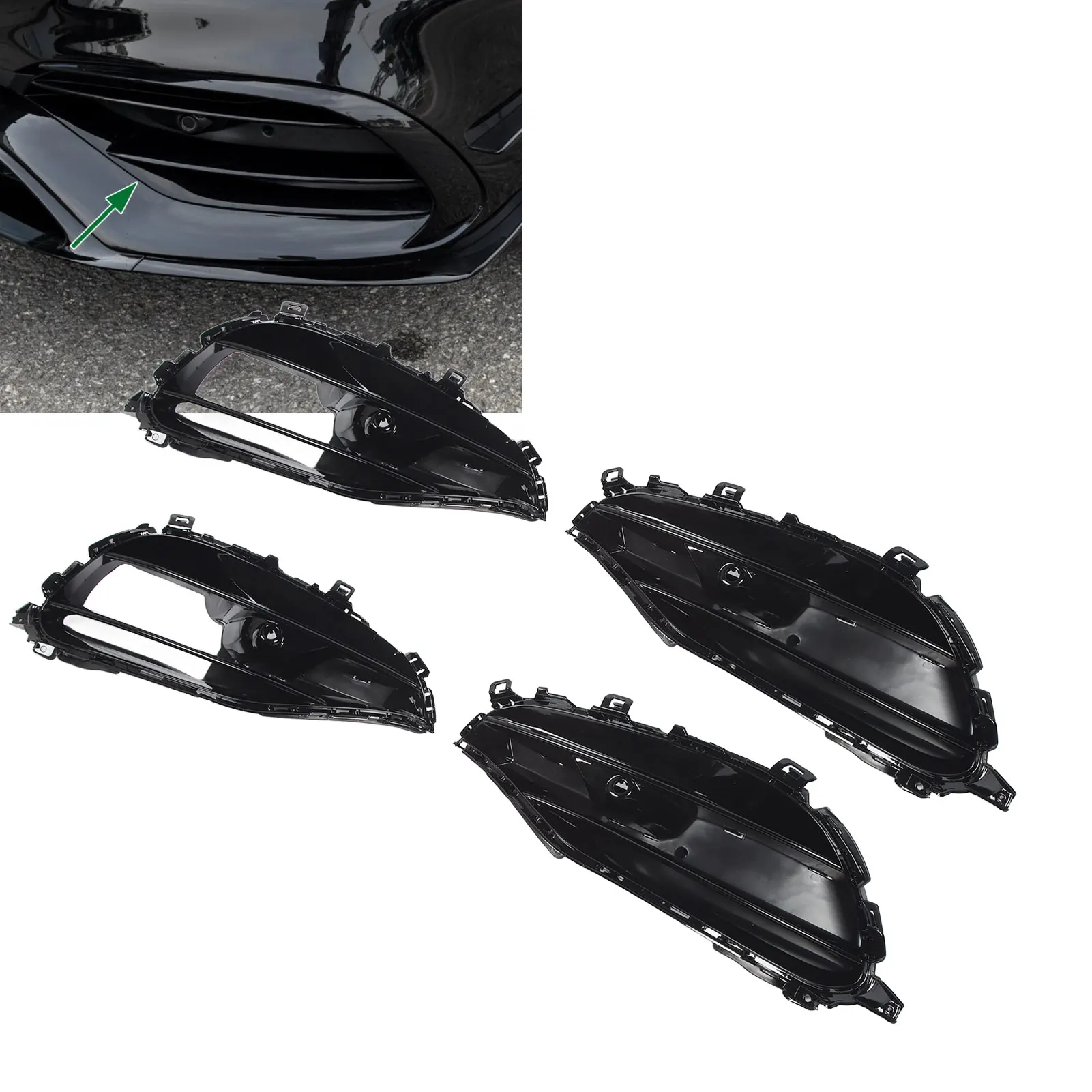 Front Bumper Fog Light Grille Glossy Black Fog Lamp Grill Bezel Replacement for Benz A‑Class W176 AMG‑Line 2016 to 2018