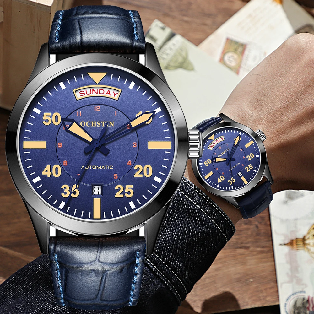 

OCHSTIN Blue Dial Date Display Leather Strap Mens Business Self-Winding Watch New Casual Waterproof Male Mechanical Wristwatches