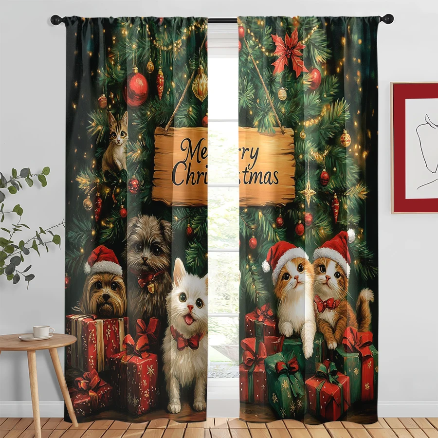 2PCS Christmas Curtains, Cats Dogs Hats Tree, Digital Print, Bedroom Living Room Kitchen, Rod Pocket Polyester, Home Decor