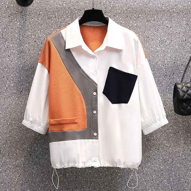 Mode Sommer Neue Patchwork Einfarbig Halbe Hülse Casual Shirts Gerade Lose Dünne Bequeme Koreanische frauen Kleidung 2022