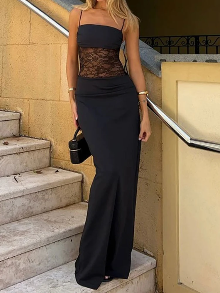 Robe longue en dentelle à bretelles, élégante et Sexy, taille unie, transparente, Slim, robes de soirée, vêtements pour invités de mariage, robe noire, nouvelle collection