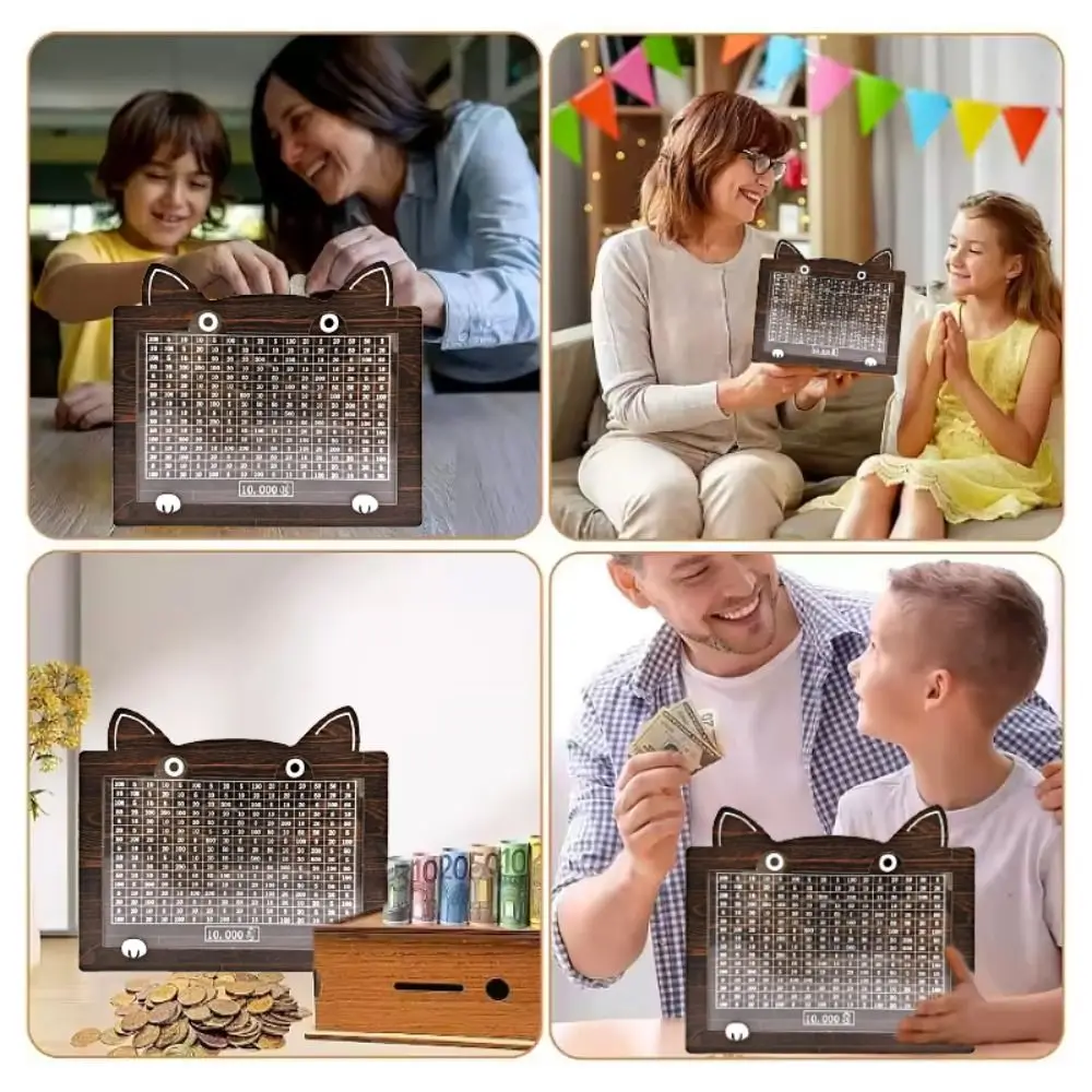 صندوق توفير المال الجديد على شكل قطة كرتونية، حصالة خشبية قابلة لإعادة الاستخدام مع بنك تخزين أموال عداد الأهداف للبالغين والأطفال #5