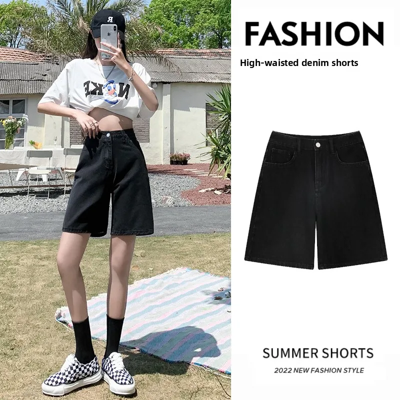 

High Waist Bla Denim orts Women's Loose Slimming Large Size Straight Leg 5-Point Trendy Summer orts High Waist