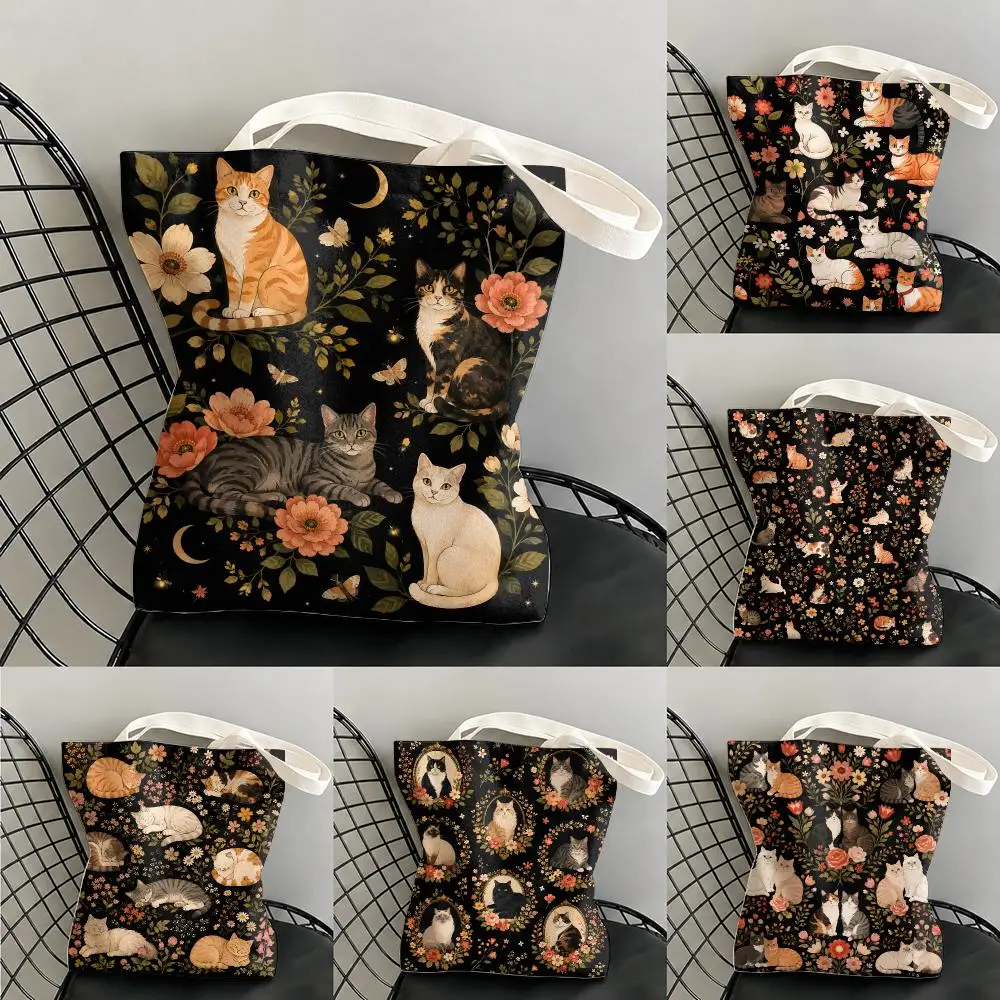 Vintage Floral And Cat-Themed Storage Bags Large Capacity Canvas Tote Bag Double-Sided Print Shoulder Handbag for Daily Shopping