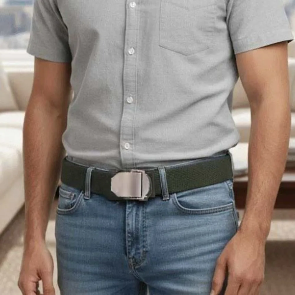 

Contrast Color Adjustable Men Weaving Belt Solid Color Alloy Canvas Waistband Texture Automatic Buckle Sturdy Cloth Belt Suit