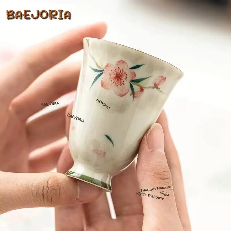 2pc/set Hand-painted Peach Blossom Ceramic Teacup Tea Tasting Master Cup High Foot Smelling Mug Kung Fu Teaset Drinking 40ml