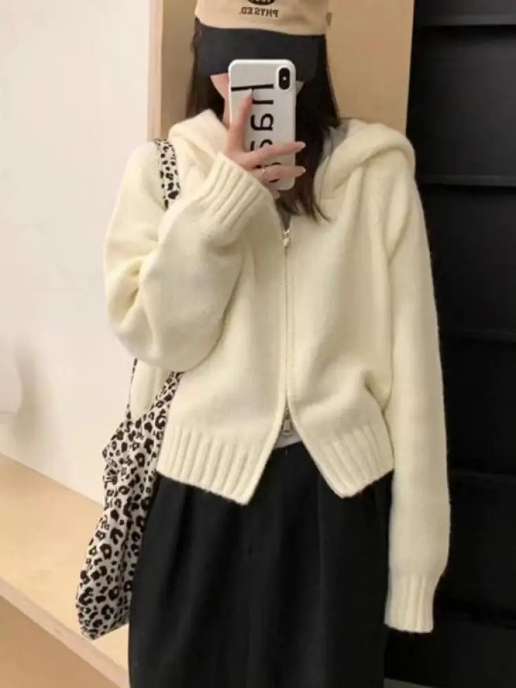 

Korean Solid Long Sleeve Double Zipper Cardigan Sweaters Autumn Winter Women Festival Hoodie Knitwear Tops Fashion Streetwear