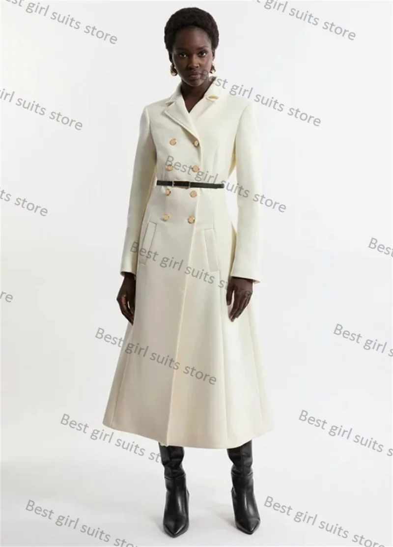 

White Cashmere Wool Women Suit Overcoat With Belt Customized Formal Office Lady Tailored Wedding Tuxedo Winter Thick Jacket Coat