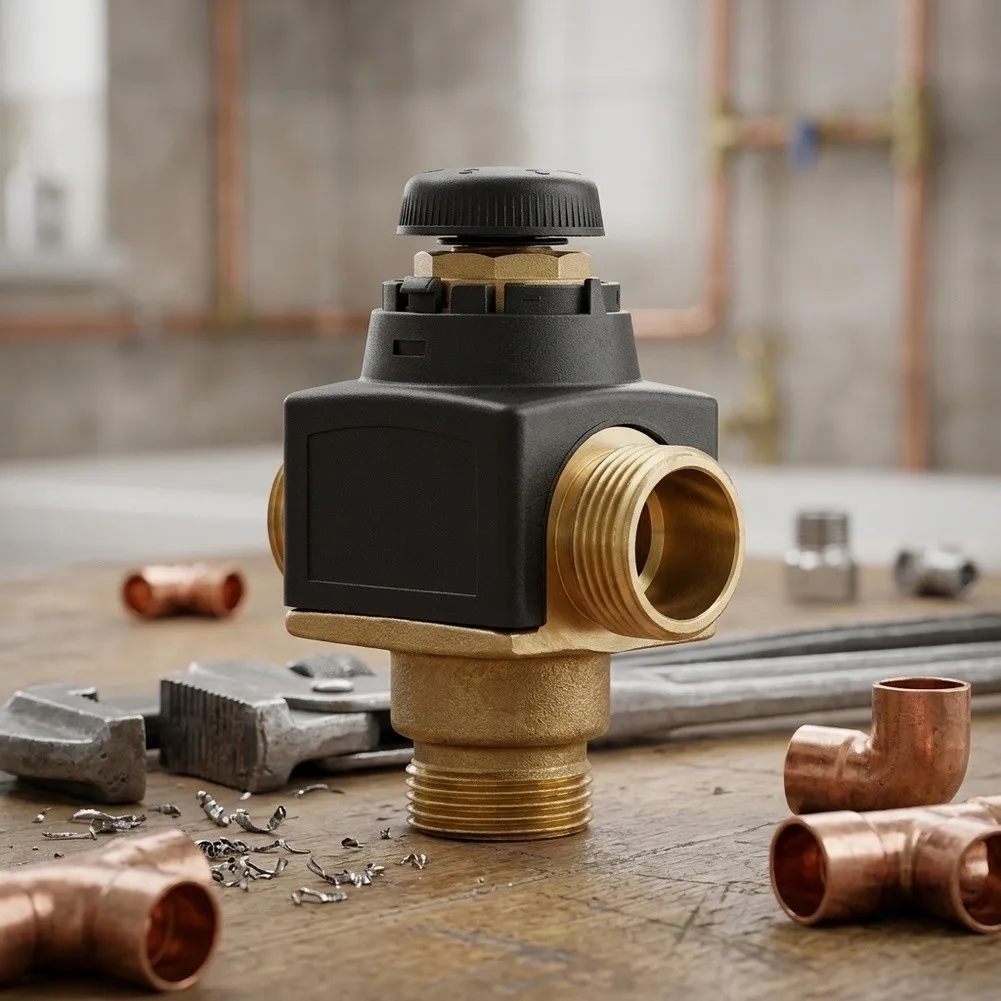 Brass DN20 3-Way Thermostatic Mixing Valve with G3/4 Male Thread for Automatic Temperature Limitation at 35-60 C
