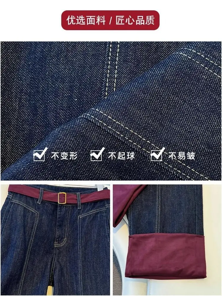 Kleurblokkerde patchwork-jeans voor dames in grote maten, losse broek met rechte pijpen, afslankende broek met hoge taille en wijde pijpen