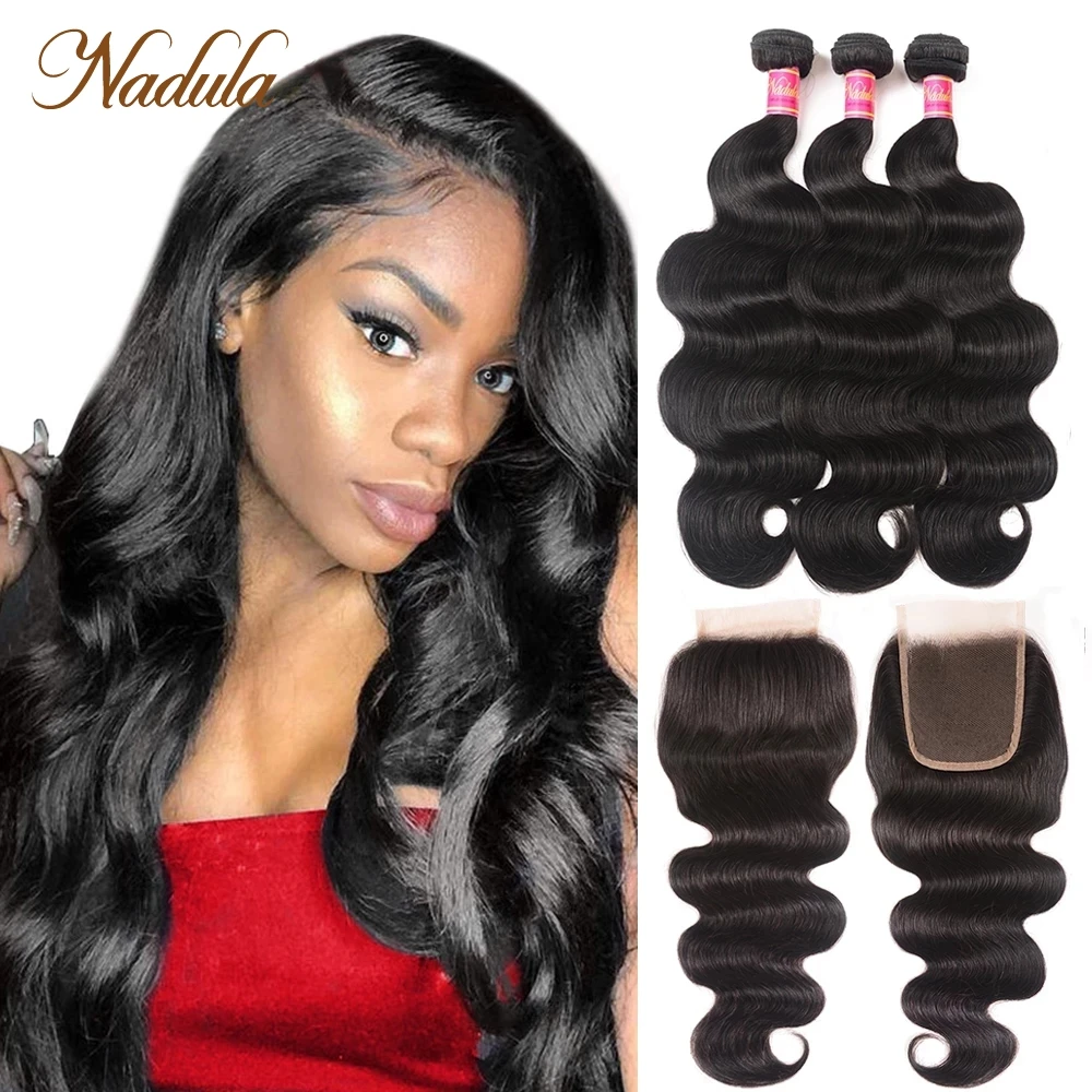 

Nadula Body Wave Bundles With Frontal 13x4 Lace Closure With Peruvian Remy Hair Weaves 3 Bundles Human Hair with Lace Frontal