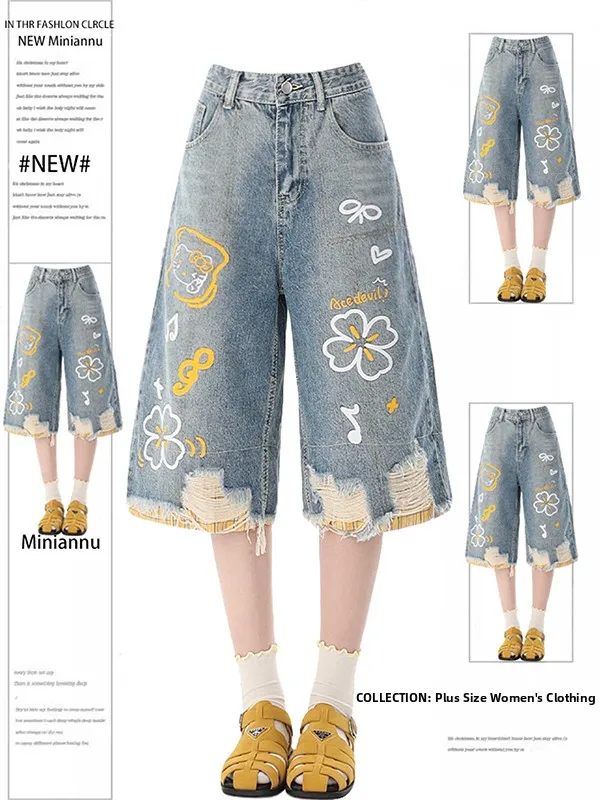 American Style Anti-Wrinkle Cartoon Print Ripped Hem Denim Shorts Women Summer Thin Design Wide Leg Seven-Foot-Minute Pants