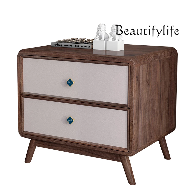 Nordic simple retro design solid wood bedside table Chinese double drawer storage side cabinet