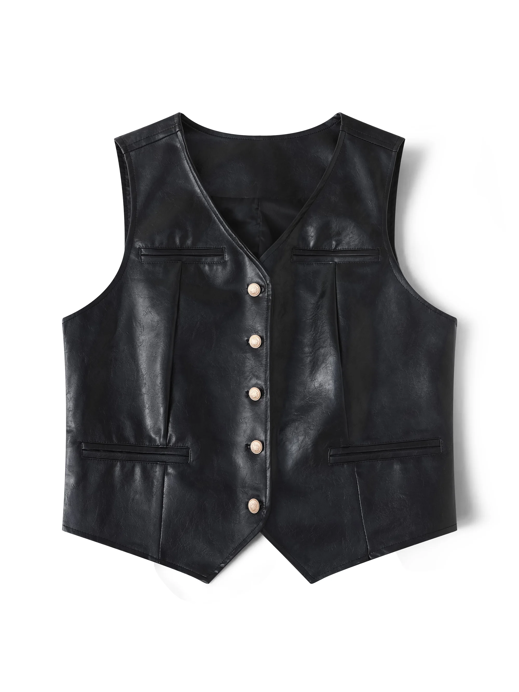 Women's Elegant Western Retro-style PU Faux Leather Vest for Spring Summer, Faux Pockets Single-breasted (lining included)