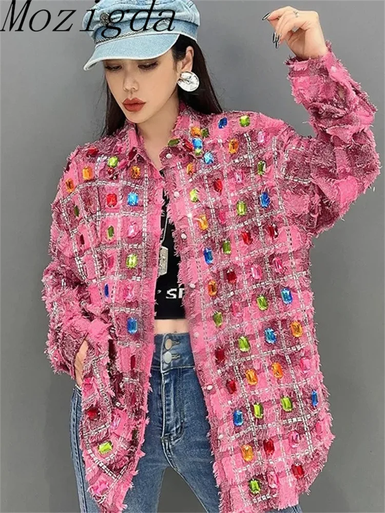 

Spring Summer Diamonds Shirt Female Plaid Blouse Polo Collar Casual Loose Outfit Cardigan Tops Camisa de mujer